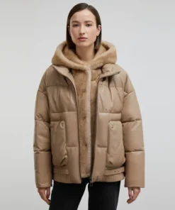 Tan Puffer Jacket With Faux Fur Hood