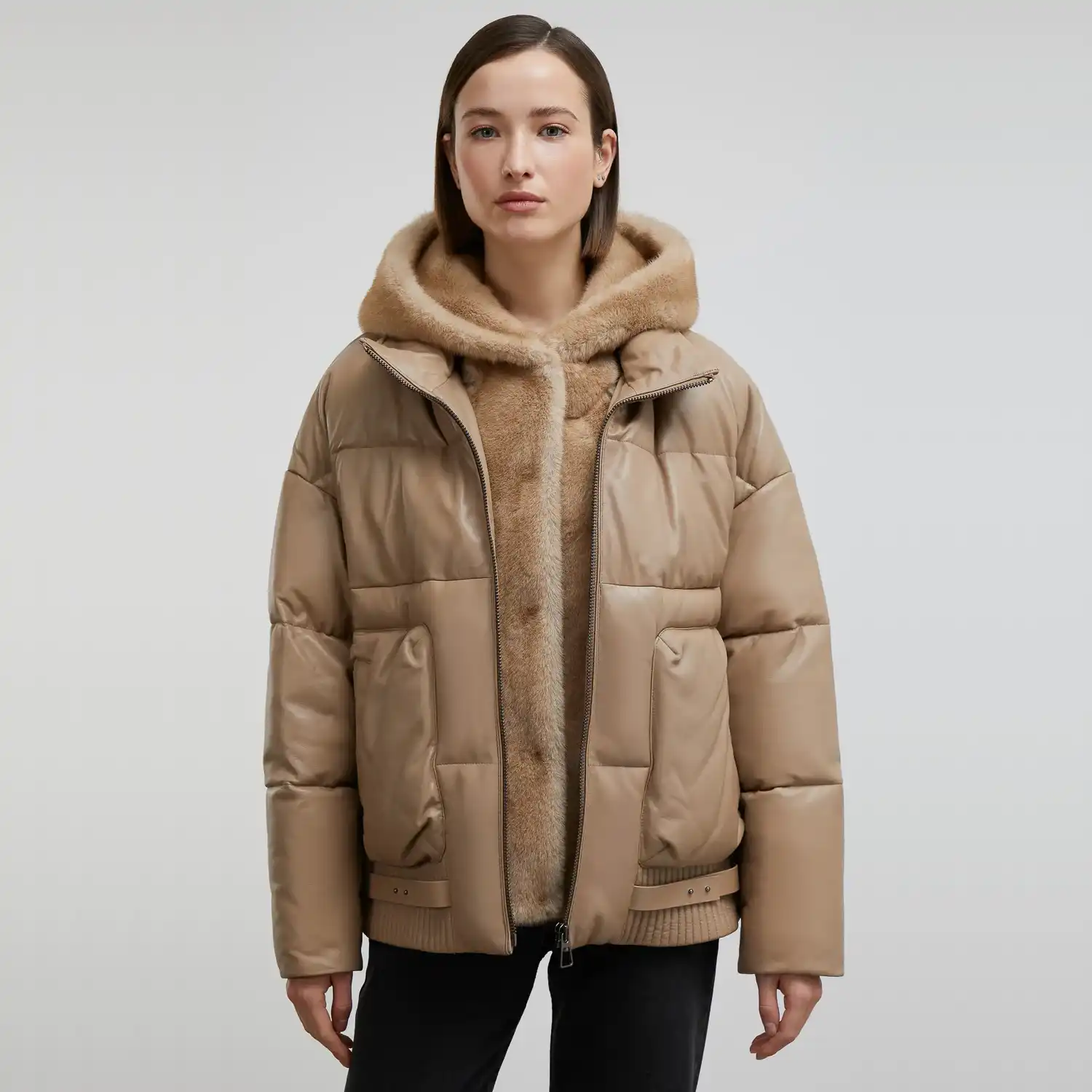 Tan Puffer Jacket With Faux Fur Hood
