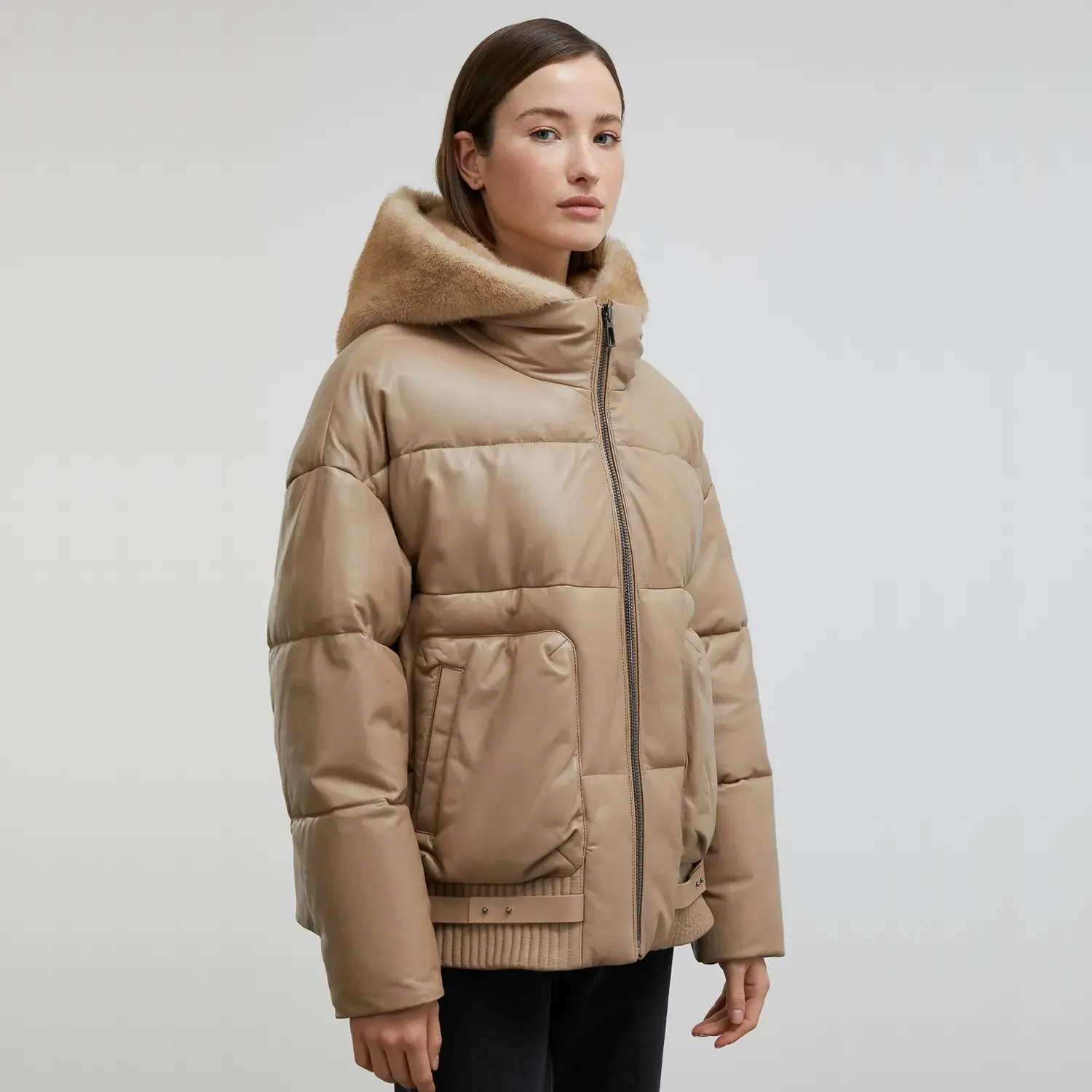 Tan Puffer Jacket With Faux Fur Hood - Image 3