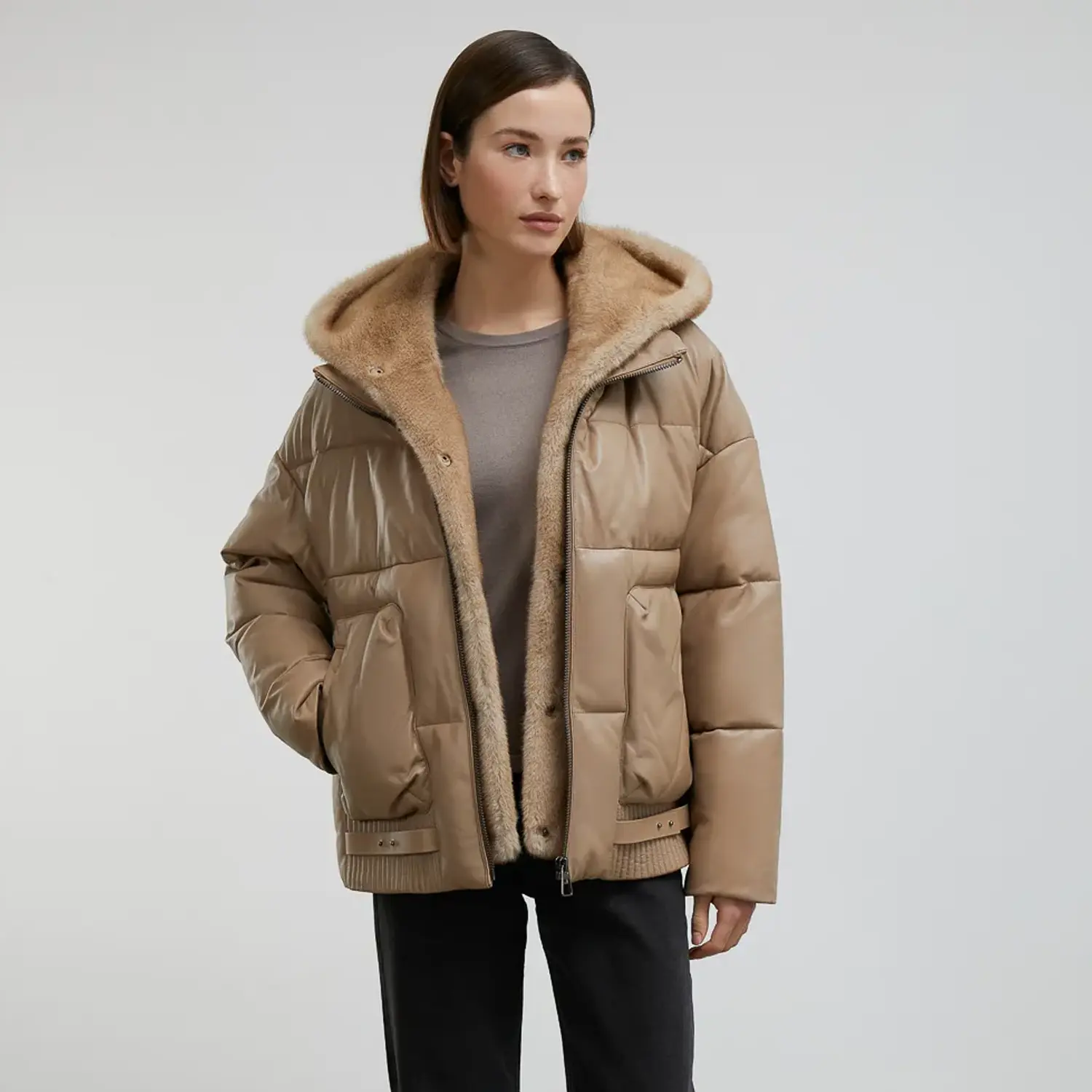 Tan Puffer Jacket With Faux Fur Hood - Image 4