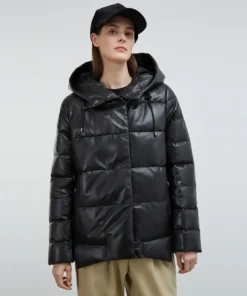 Black Puffer Jacket With Black Hood For Womens