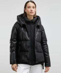 Black Leather Puffer Jacket With Black Hood