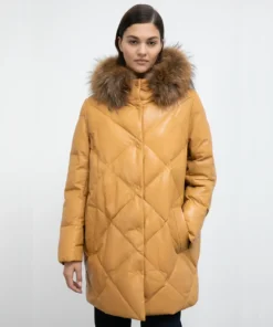 Yellow Puffer Coat With Fur Hood