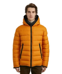 Yellow Puffer Jacket With Hood For Mens