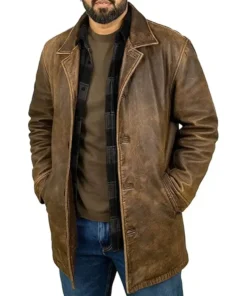 Mens Distressed Leather 3/4 Car Coat