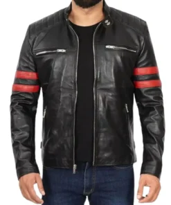 Mens Black Cafe Racer Leather Jacket with Red Stripes