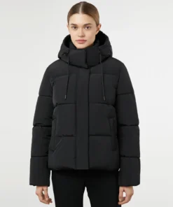 Black Cropped Puffer Jacket With Hood For Womens