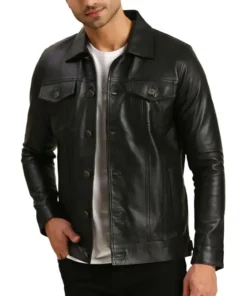 Black Leather Trucker Jacket For Mens