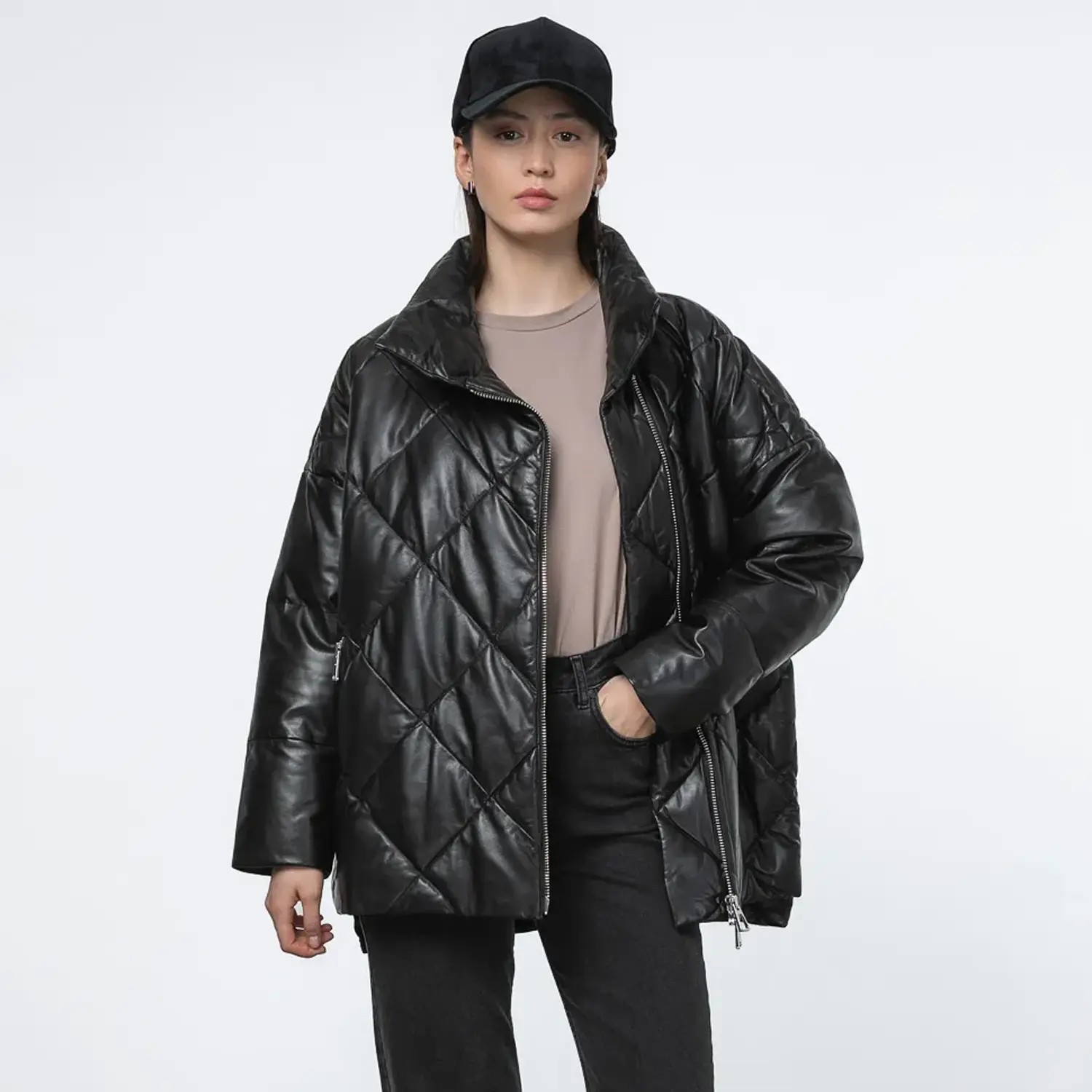 Women Diamond Quilted Black Puffer Jackets - Image 2