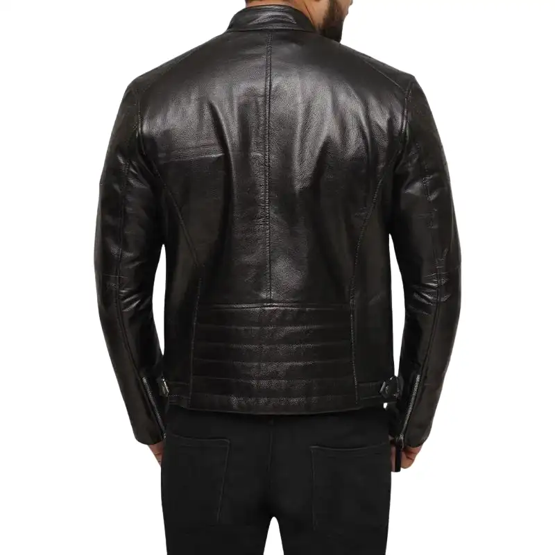Mens Black Leather Racer Jacket - Image 5