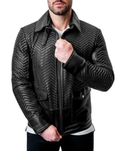 Black Snakeskin Textured Leather Jacket For Mens