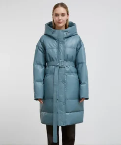 Light Blue Puffer Jacket With Hood For Womens