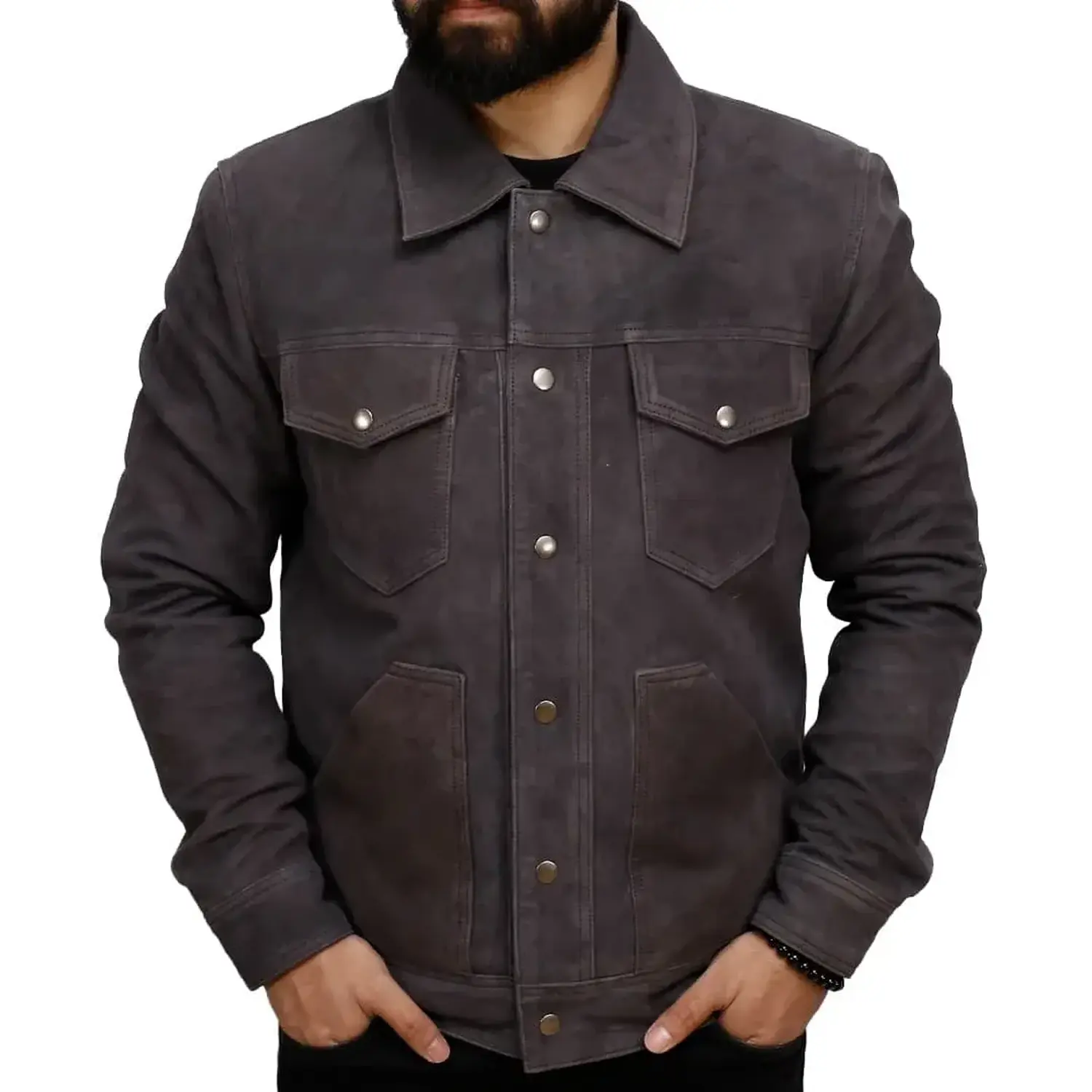 Grey Suede Trucker Jacket For Mens