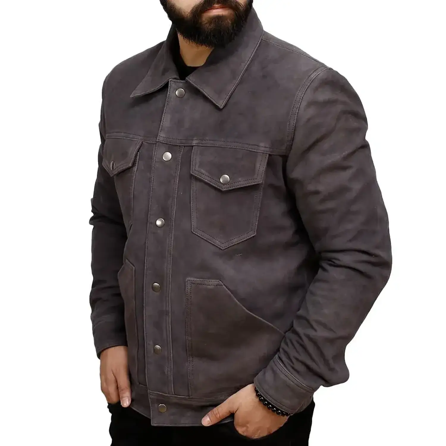 Grey Suede Trucker Jacket For Mens - Image 2