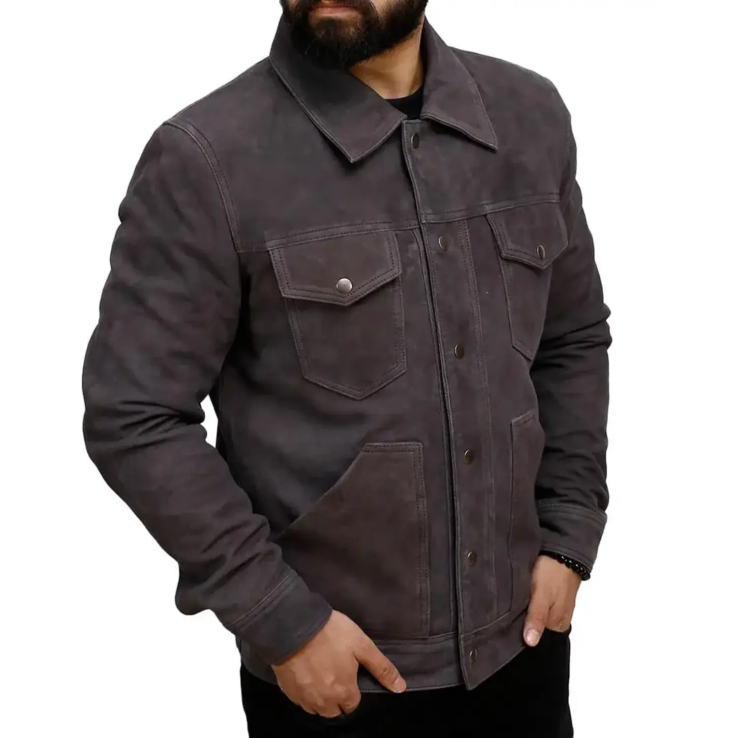 Grey Suede Trucker Jacket For Mens - Image 4