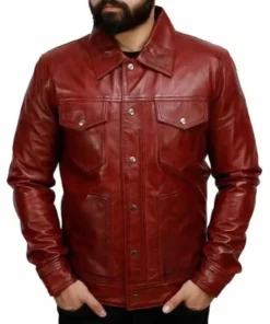 Maroon Leather Trucker Jacket For Mens