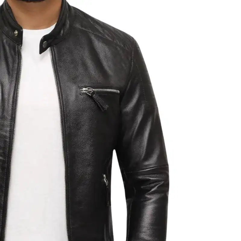 Mens Black Leather Racer Jacket - Image 4