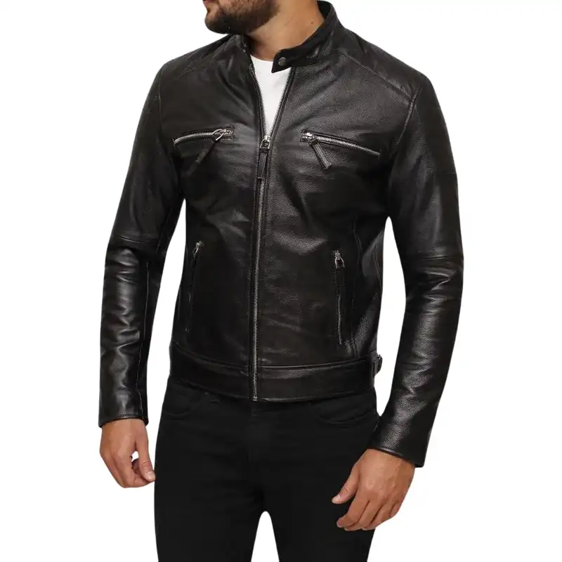 Mens Black Leather Racer Jacket - Image 3