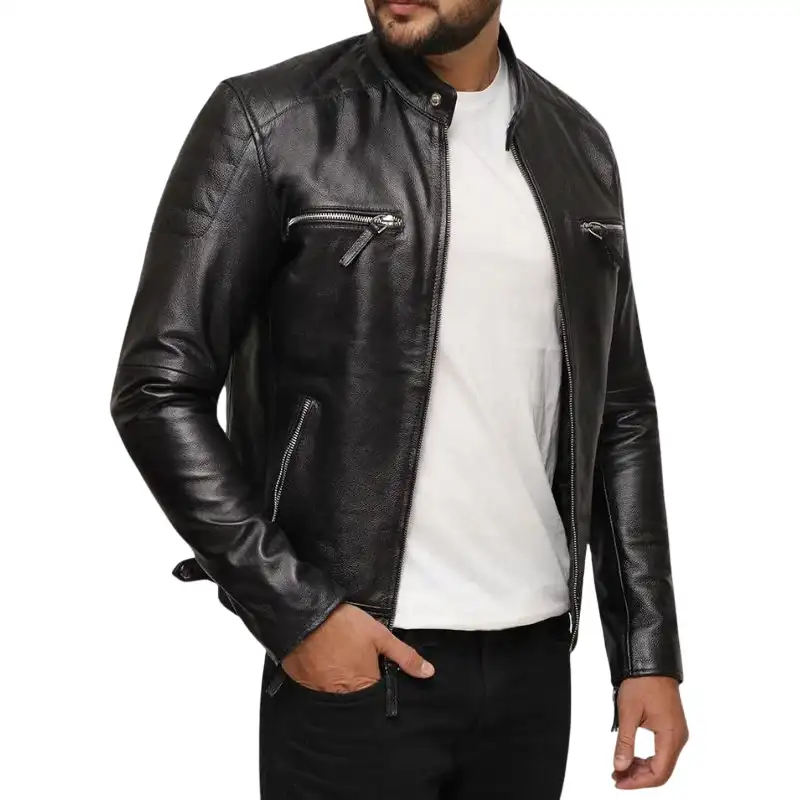 Mens Black Leather Racer Jacket - Image 2