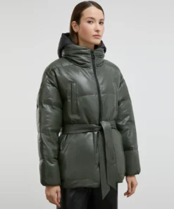 Womens Olive Green Puffer Jacket With Hood And Belt