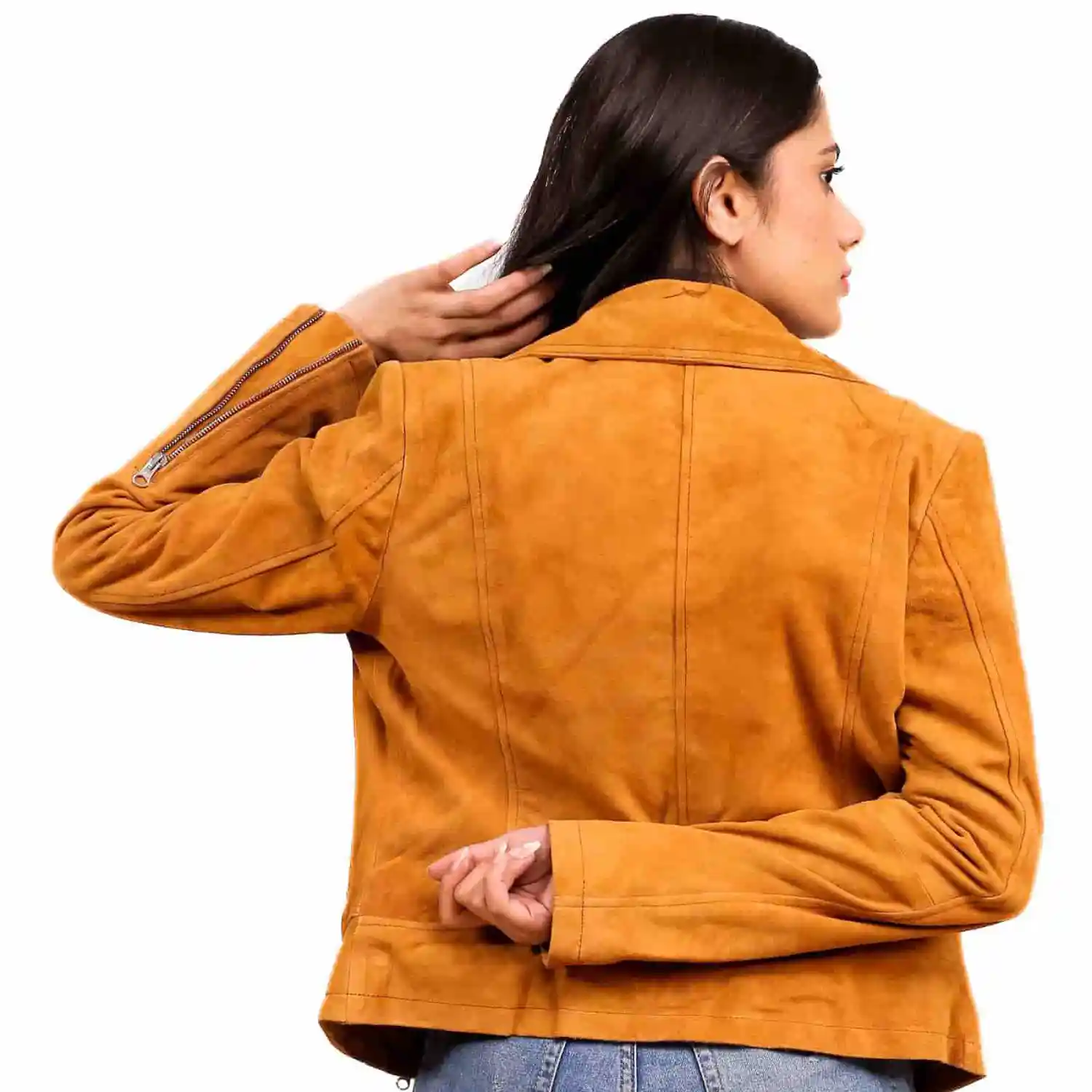 Light Brown Suede Biker Jacket For Womens - Image 3