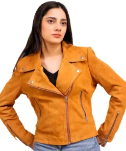 Light Brown Suede Biker Jacket For Womens