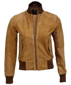 Light Brown Suede Bomber Jacket For Womens