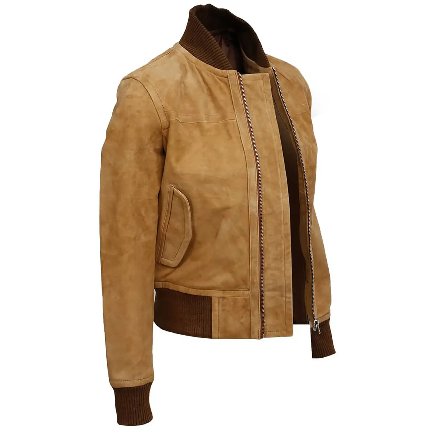 Light Brown Suede Bomber Jacket For Womens - Image 4