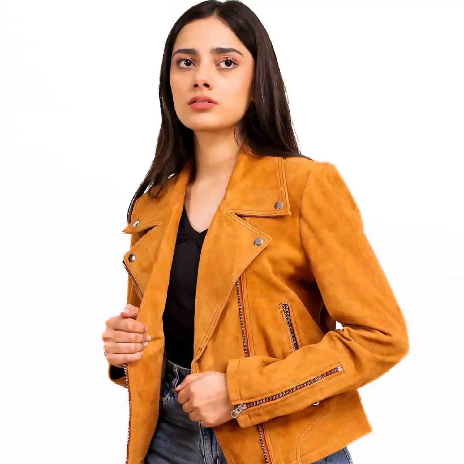 Light Brown Suede Biker Jacket For Womens - Image 2