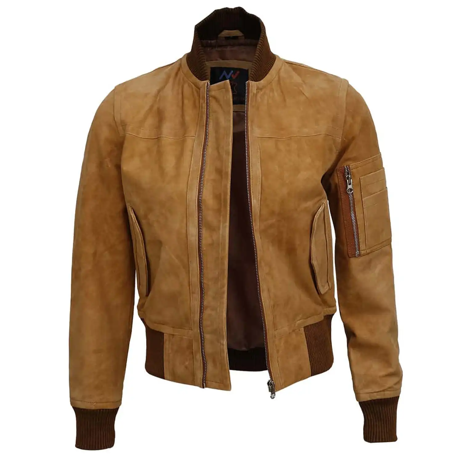 Light Brown Suede Bomber Jacket For Womens - Image 2