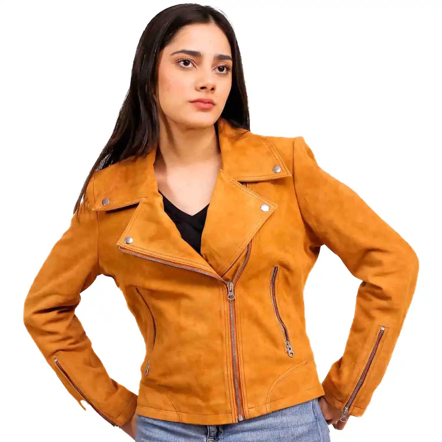 Light Brown Suede Biker Jacket For Womens