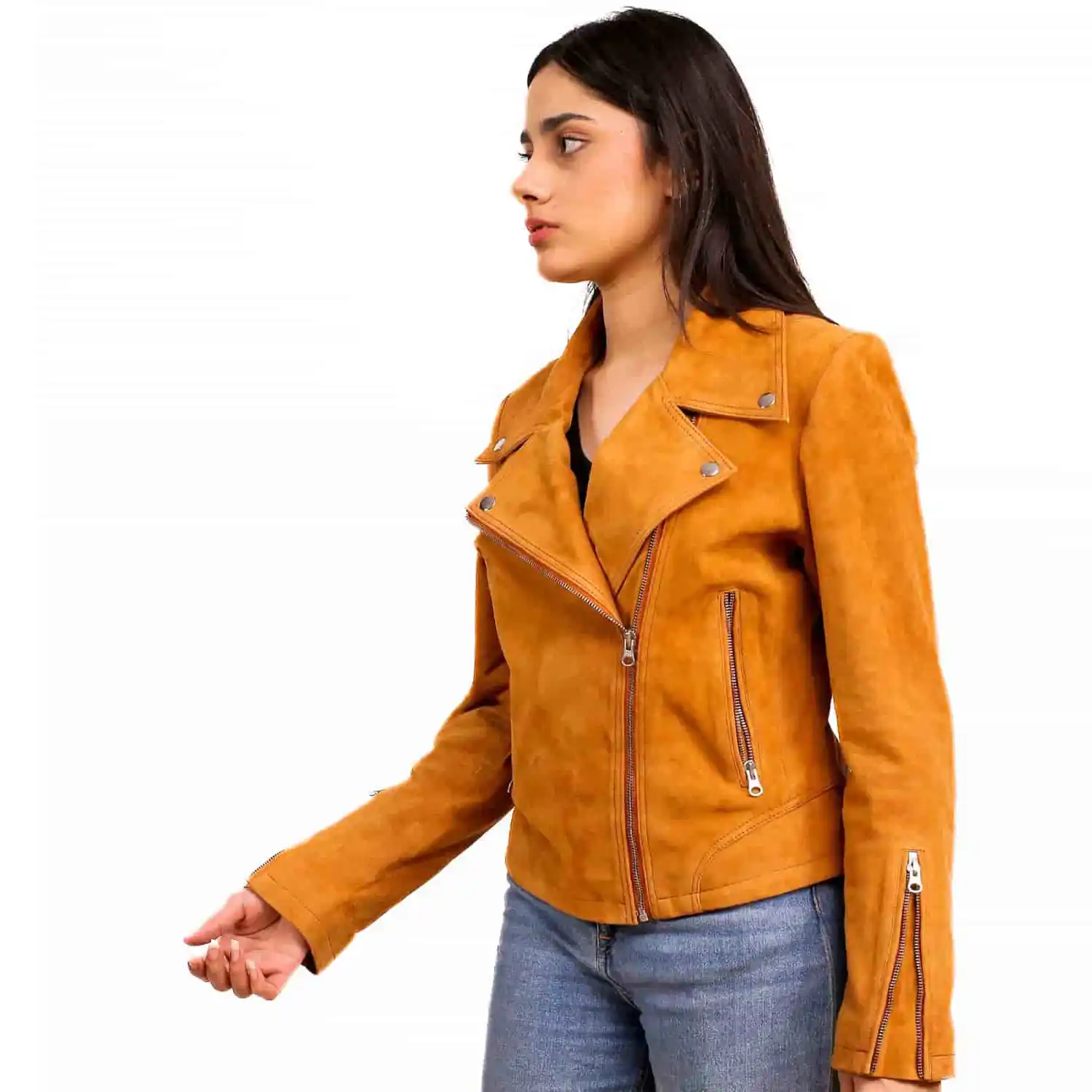 Light Brown Suede Biker Jacket For Womens - Image 4