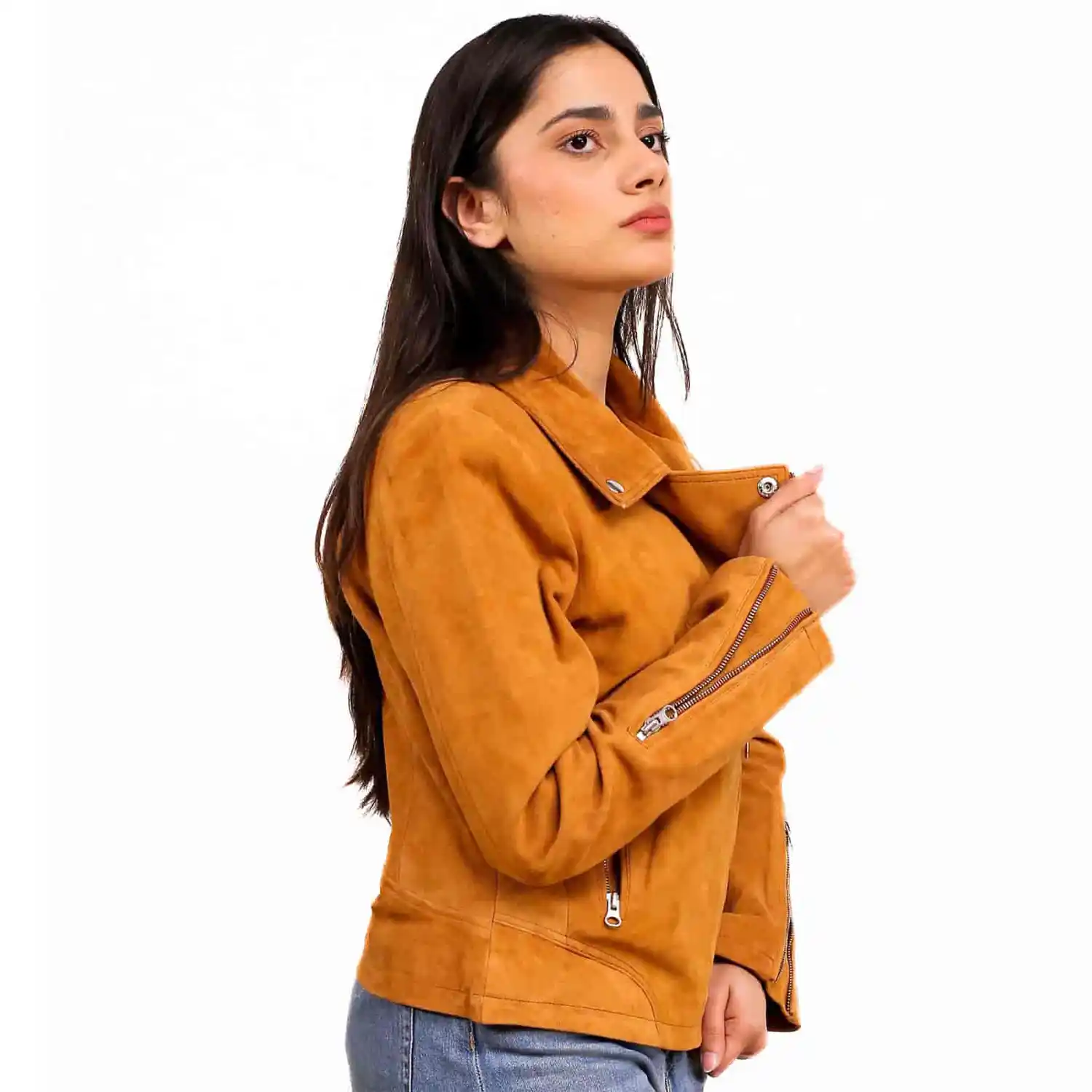 Light Brown Suede Biker Jacket For Womens - Image 5