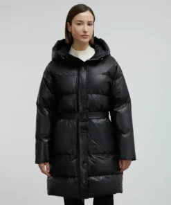 Women Black Long Puffer Coat With Hood And Belt