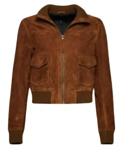 Brown Suede Cropped Bomber Jacket For Womens