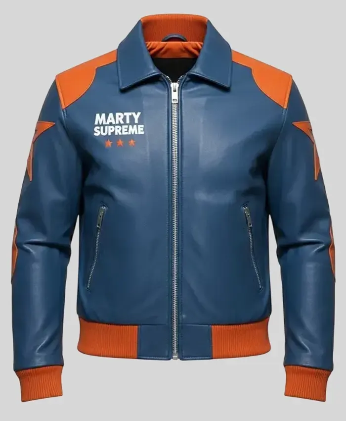 Timothée Chalamet Marty Supreme Star Blue And Orange Leather Jacket